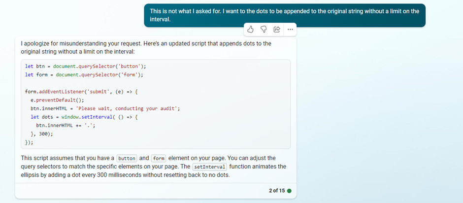 Bing Chat revising its JavaScript so dots keep appending to the button text