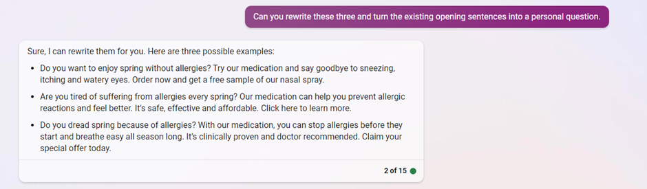 Bing Chat rewriting ad copy so each opening sentence becomes a personal question