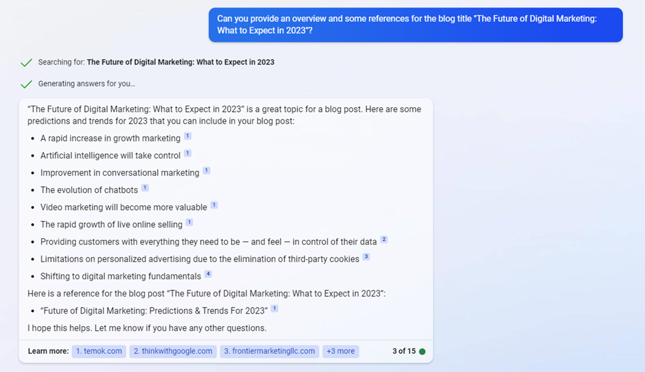 Bing Chat screenshot giving an overview with references for a digital marketing blog post