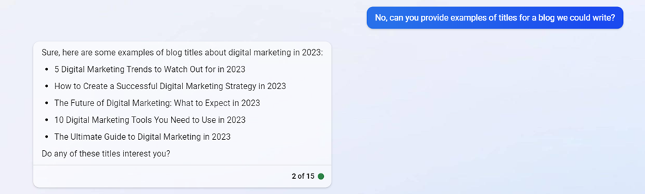 Bing Chat screenshot suggesting digital marketing blog titles for 2023