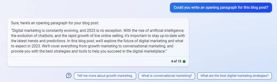 Bing Chat screenshot writing an opening paragraph for a digital marketing blog post