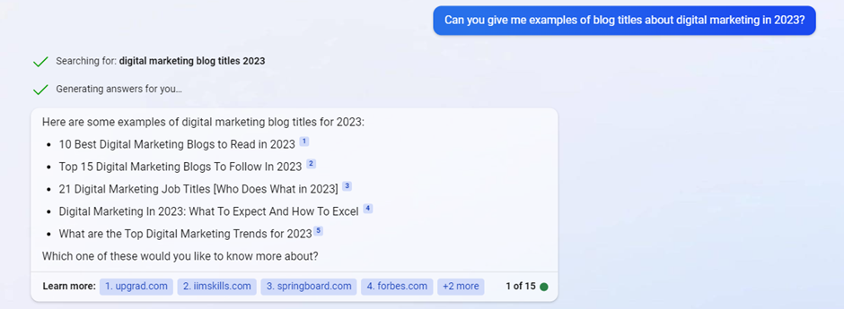 Bing Chat suggesting digital marketing blog titles for 2023 with cited sources