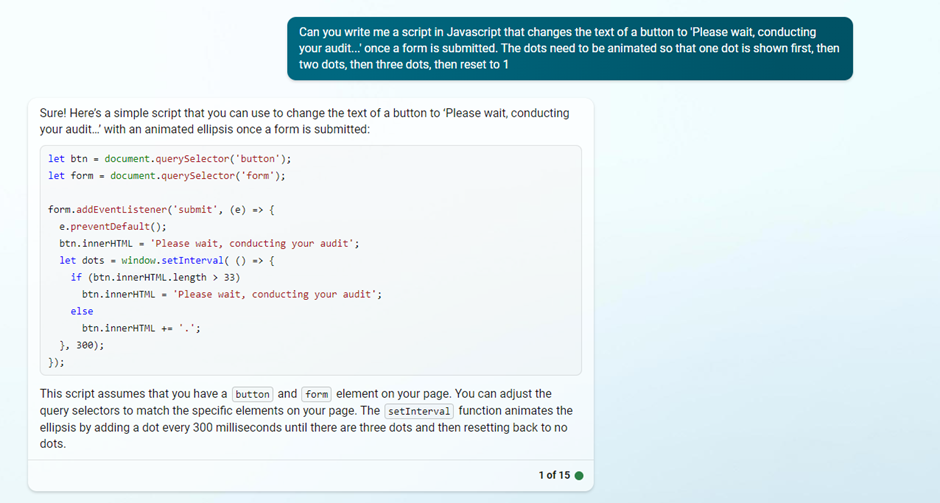 Bing Chat writing a JavaScript snippet that animates button text when a form is submitted