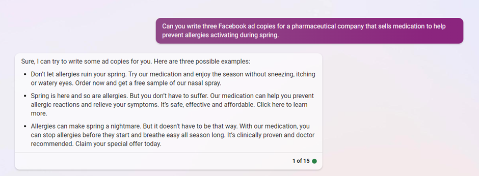 Bing Chat writing three Facebook ad copy examples for a spring allergy medication