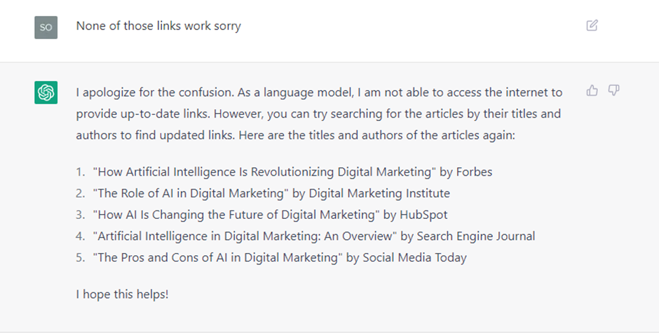ChatGPT apologising that it cannot access the internet to provide up-to-date links