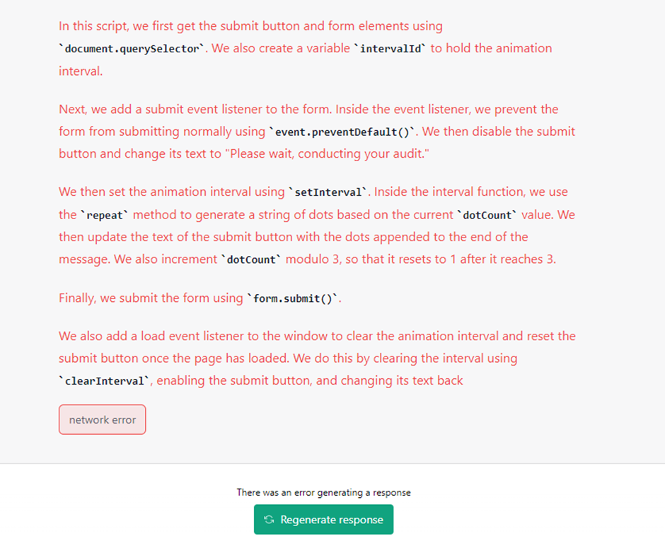 ChatGPT explanation of a JavaScript button script ending in a network error