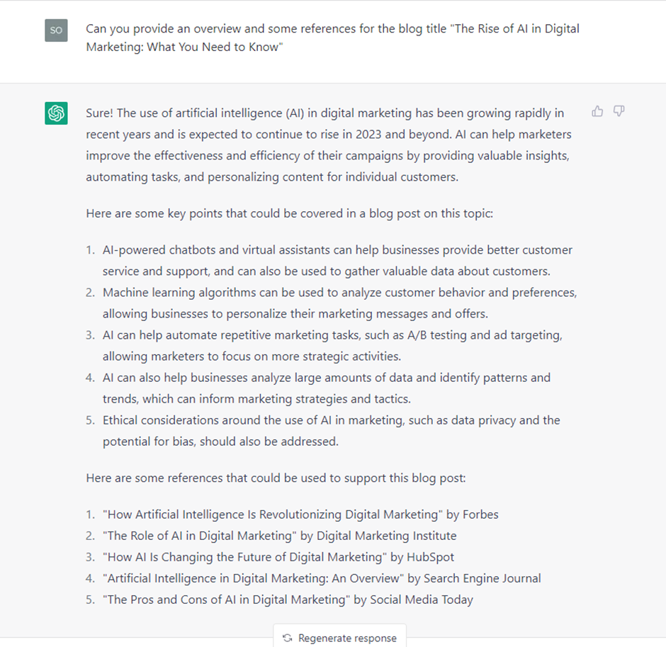 ChatGPT outlining key points and references for a blog on the rise of AI in digital marketing