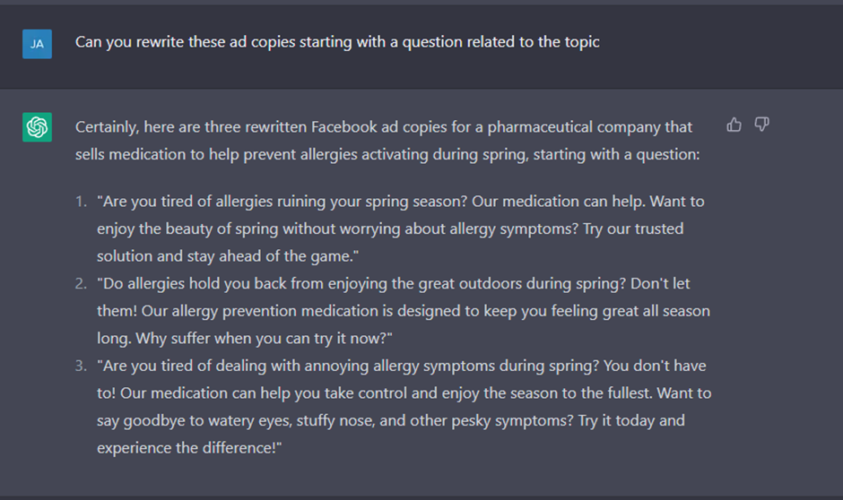 ChatGPT rewriting Facebook ad copy so each example opens with a question