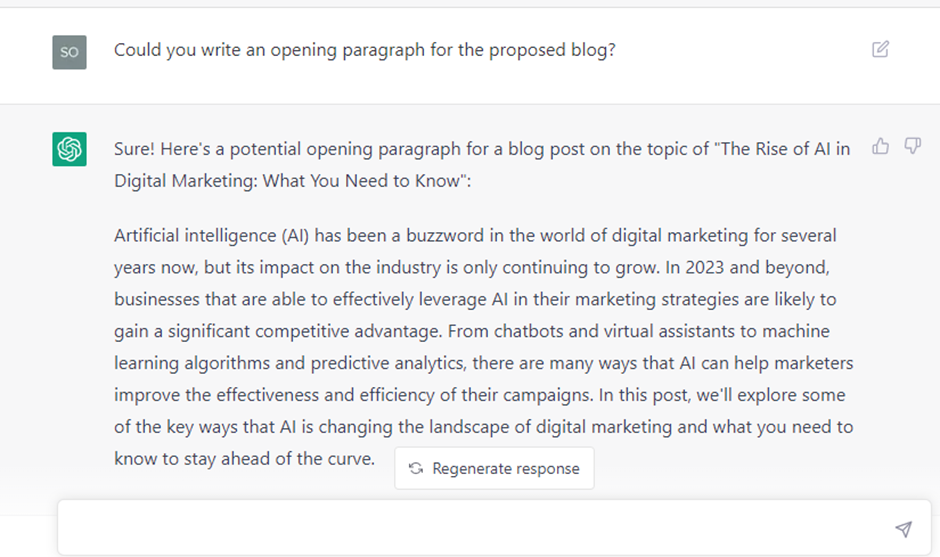 ChatGPT screenshot drafting an opening paragraph for a blog on AI in digital marketing