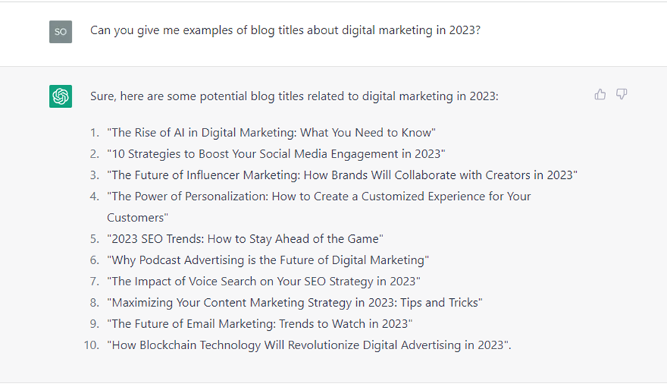 ChatGPT screenshot suggesting digital marketing blog titles for 2023