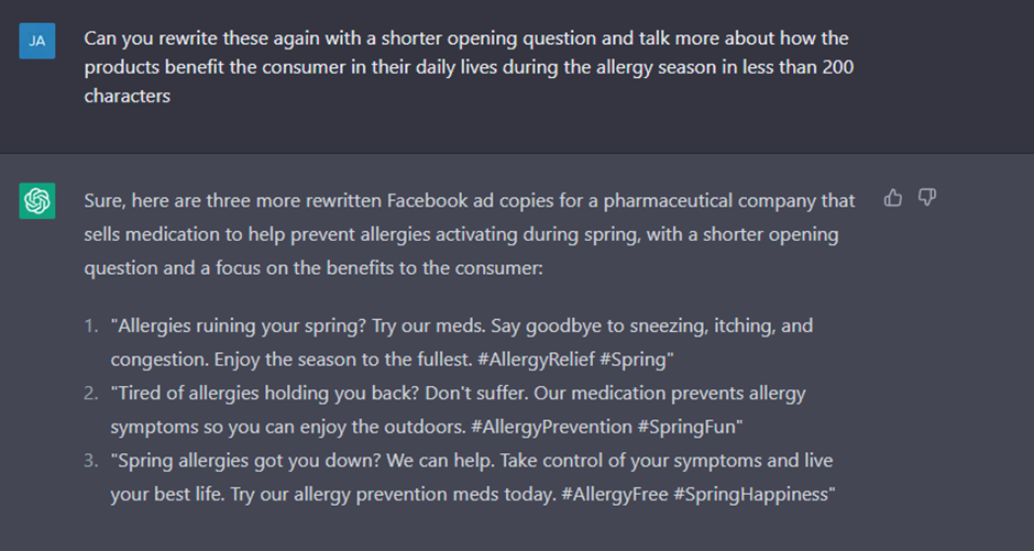 ChatGPT shortening allergy ad copy with benefit-led lines and hashtags