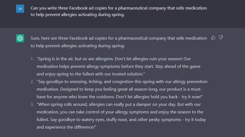 ChatGPT writing three Facebook ad copy examples for a spring allergy medication