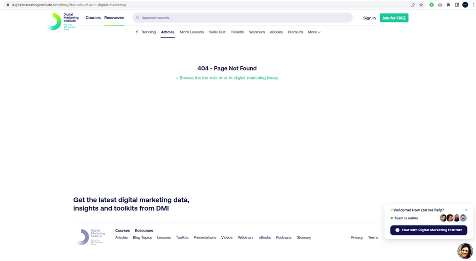 Digital Marketing Institute website showing a 404 page not found error
