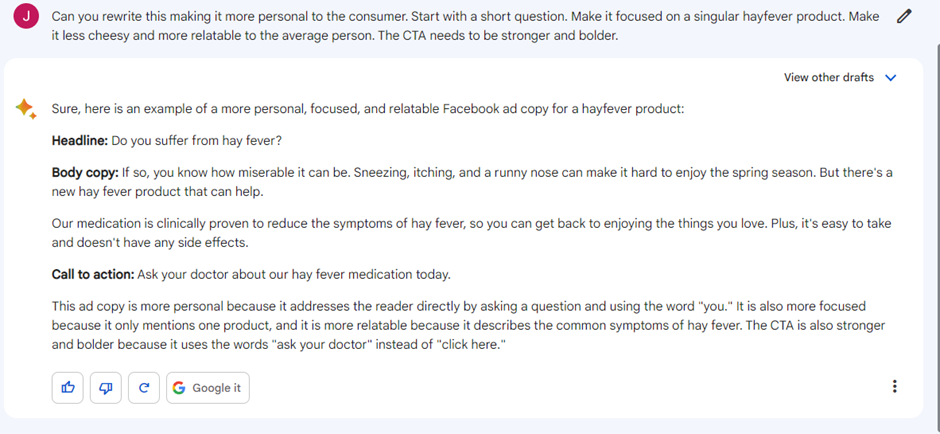 Google Bard rewriting the ad as a more personal hay fever ad with a stronger call to action