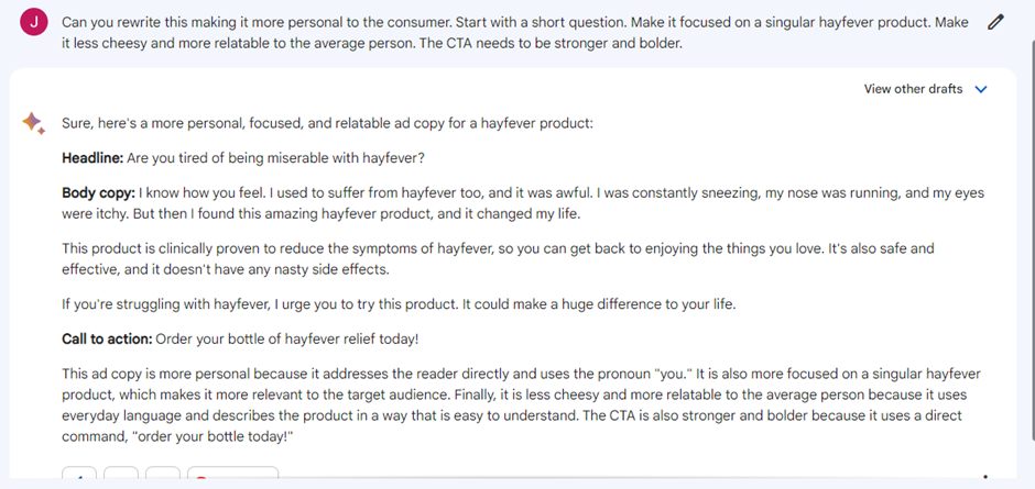 Google Bard's hay fever ad rewrite using first-person storytelling and a direct call to action
