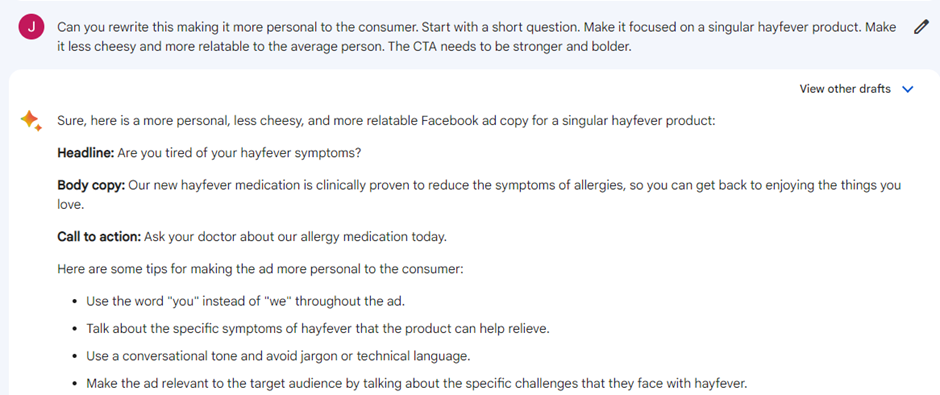 Google Bard's personal hay fever ad rewrite with tips for consumer-focused copy