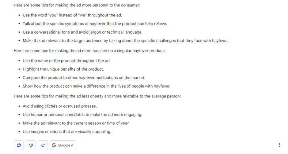 Google Bard's tips for making ad copy more personal, focused and relatable