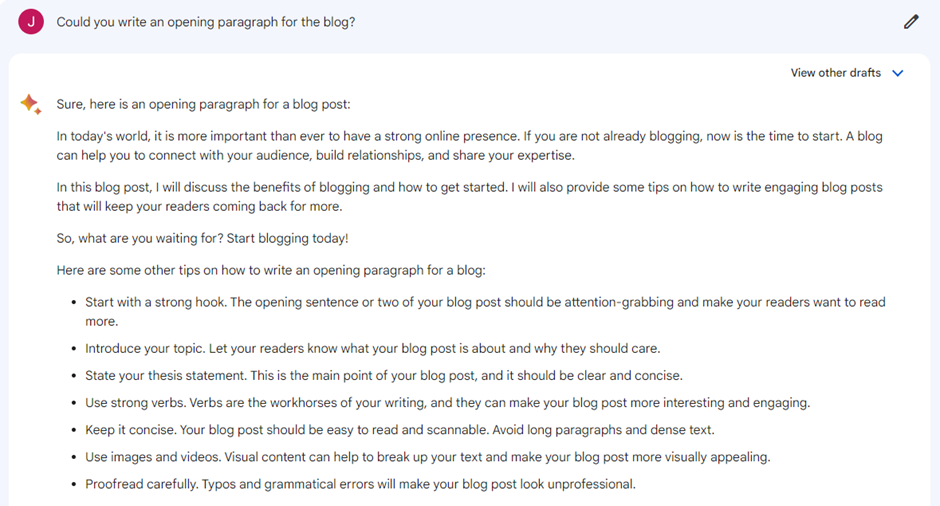 Google Bard screenshot drafting a blog opening paragraph with writing tips