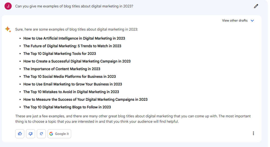 Google Bard screenshot listing digital marketing blog title ideas for 2023
