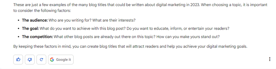 Google Bard screenshot outlining audience, goal and competition factors for choosing a blog topic