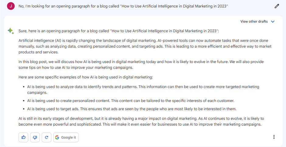 Google Bard writing an opening paragraph for a blog about AI in digital marketing