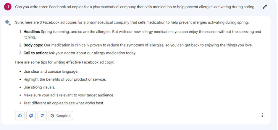 Google Bard writing Facebook ad copy with a headline, body and call to action, plus tips