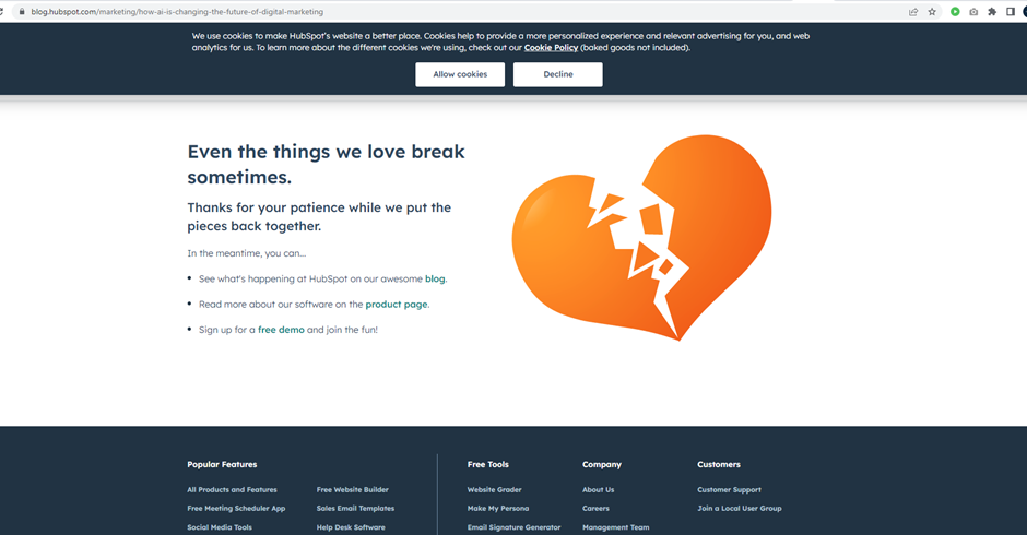 HubSpot blog error page with a broken heart illustration, reached from a ChatGPT link