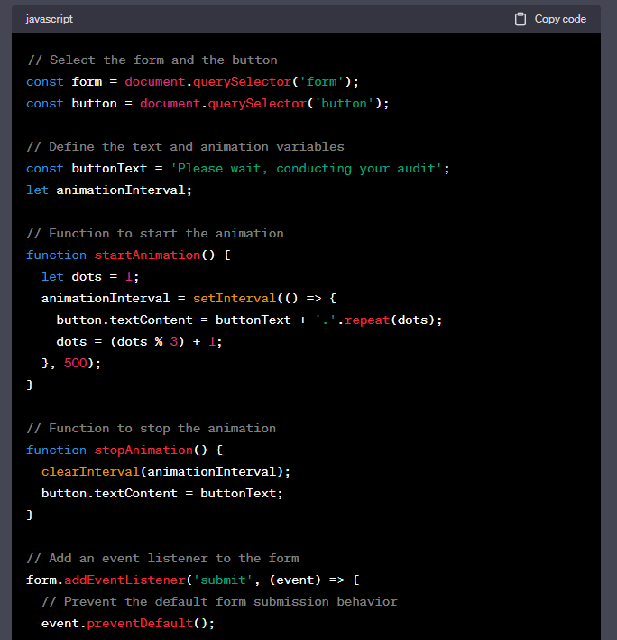 JavaScript code from ChatGPT animating a 'Please wait, conducting your audit' button