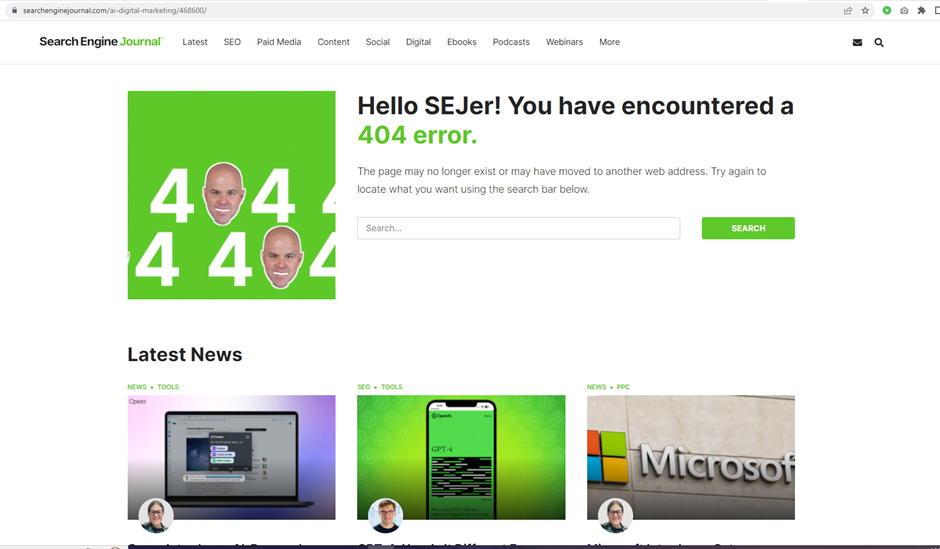 Search Engine Journal 404 error page reached from a ChatGPT reference link