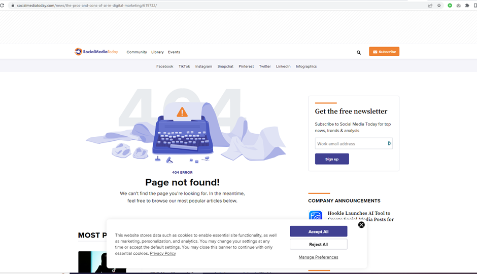 Social Media Today 404 page not found error reached from a ChatGPT link