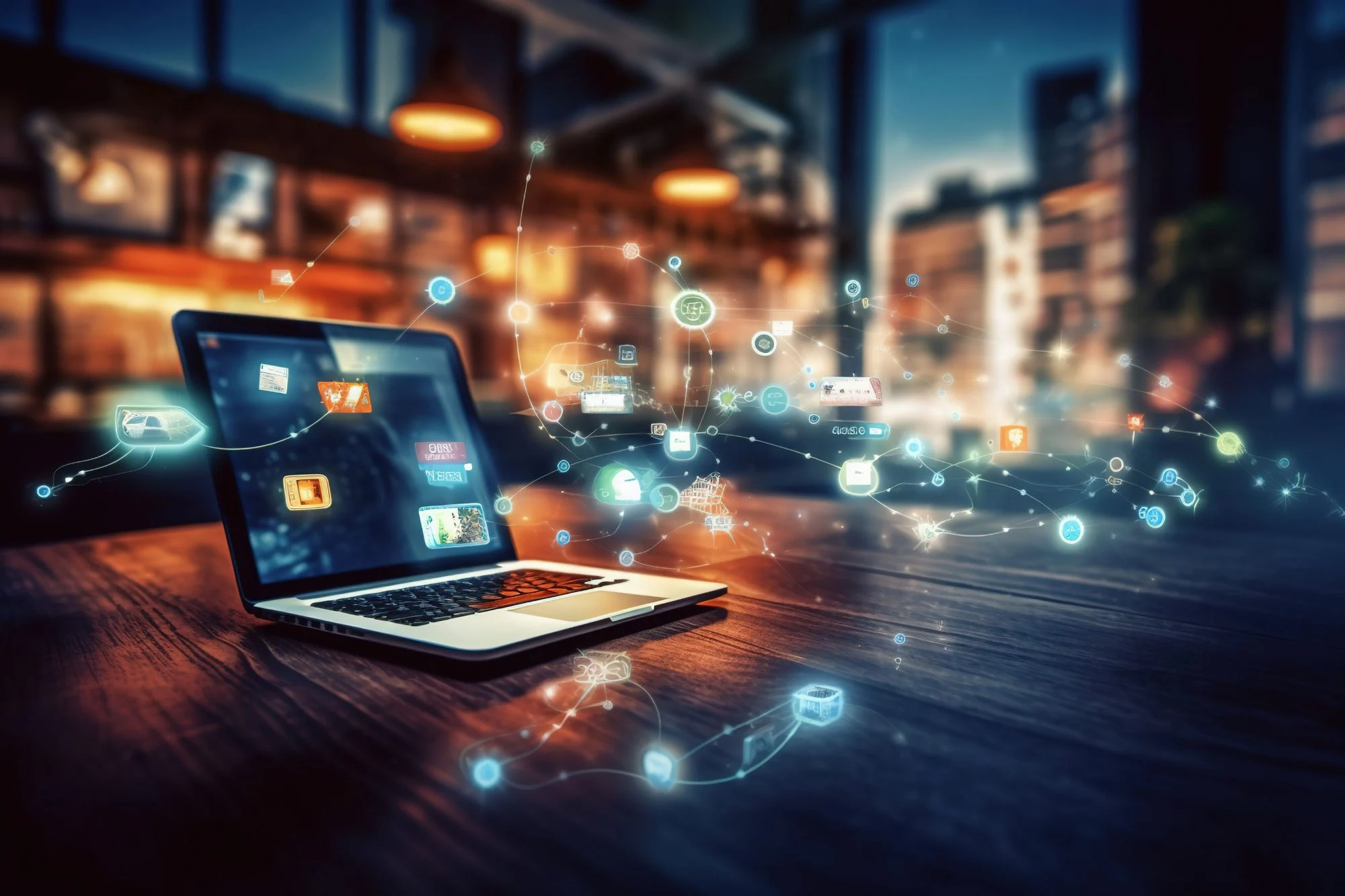  An image of a laptop on a table showing how all different forms of advertising and technology are connected concept imagery