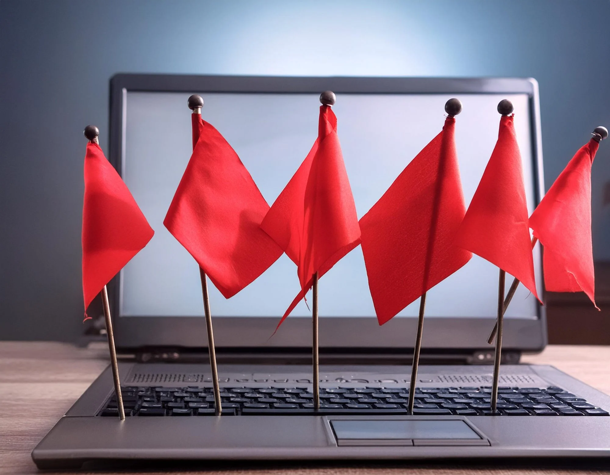 An AI-generated image of 6 red flags lined up on a laptop warning someone of danger - a concept image photo