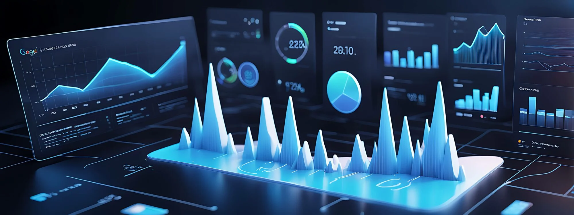 An image showing a 3D representation of Google ads statistics showing bar charts and pie charts in shades of blue. 
