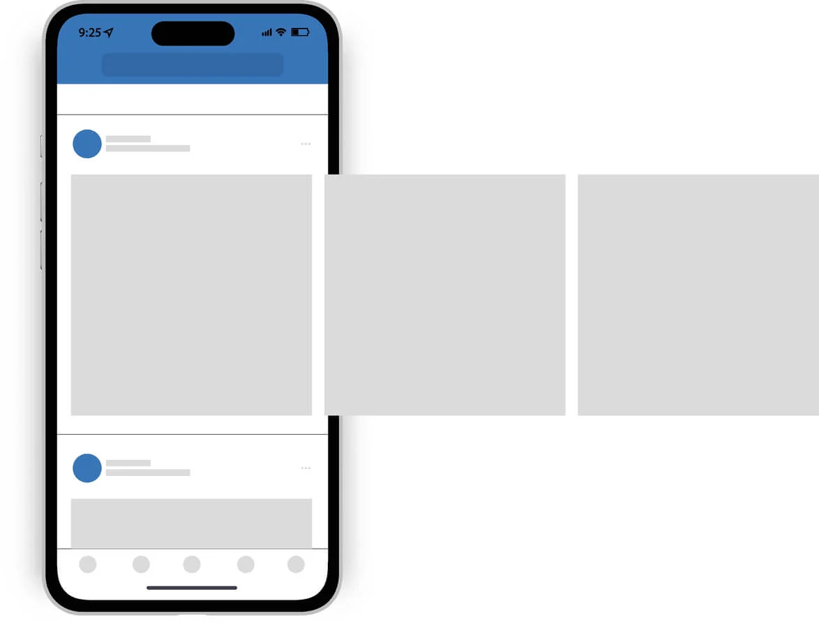 A graphic of a phone with blank Facebook ads. Facebook ads concept. 