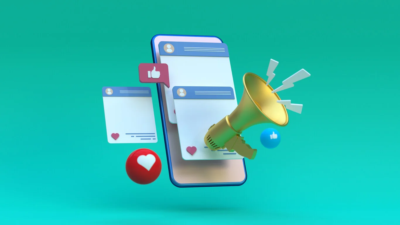 Graphic of a mobile phone on a green background with pop out ad posts hovering over and around it and a megaphone in front of it.