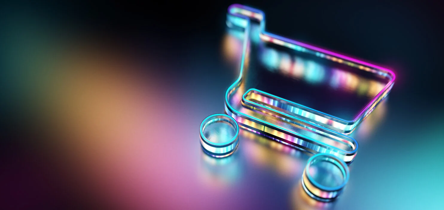 Graphic of a shopping trolley icon lit up in multicolour 