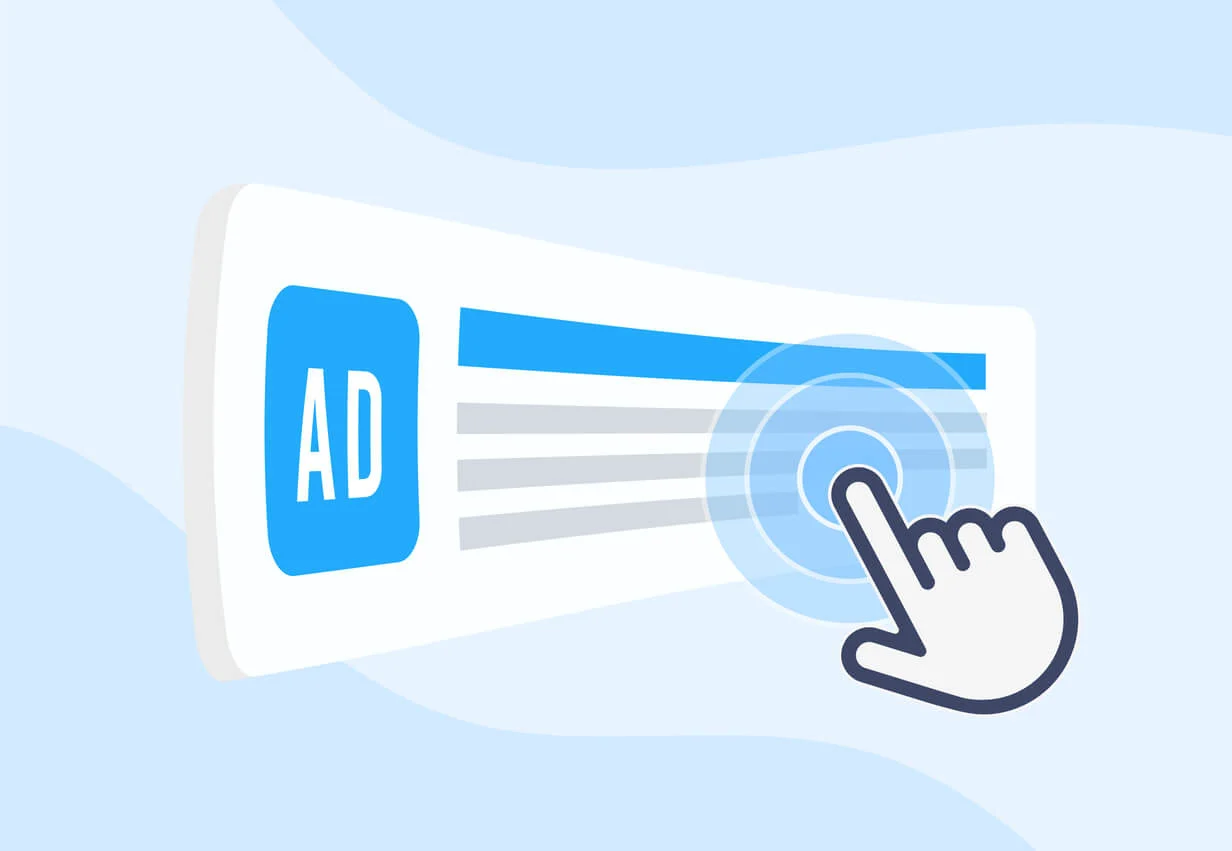 Concept image graphic for Pay Per Click ads. A graphic of a text ad with a hand icon clicking on it. 