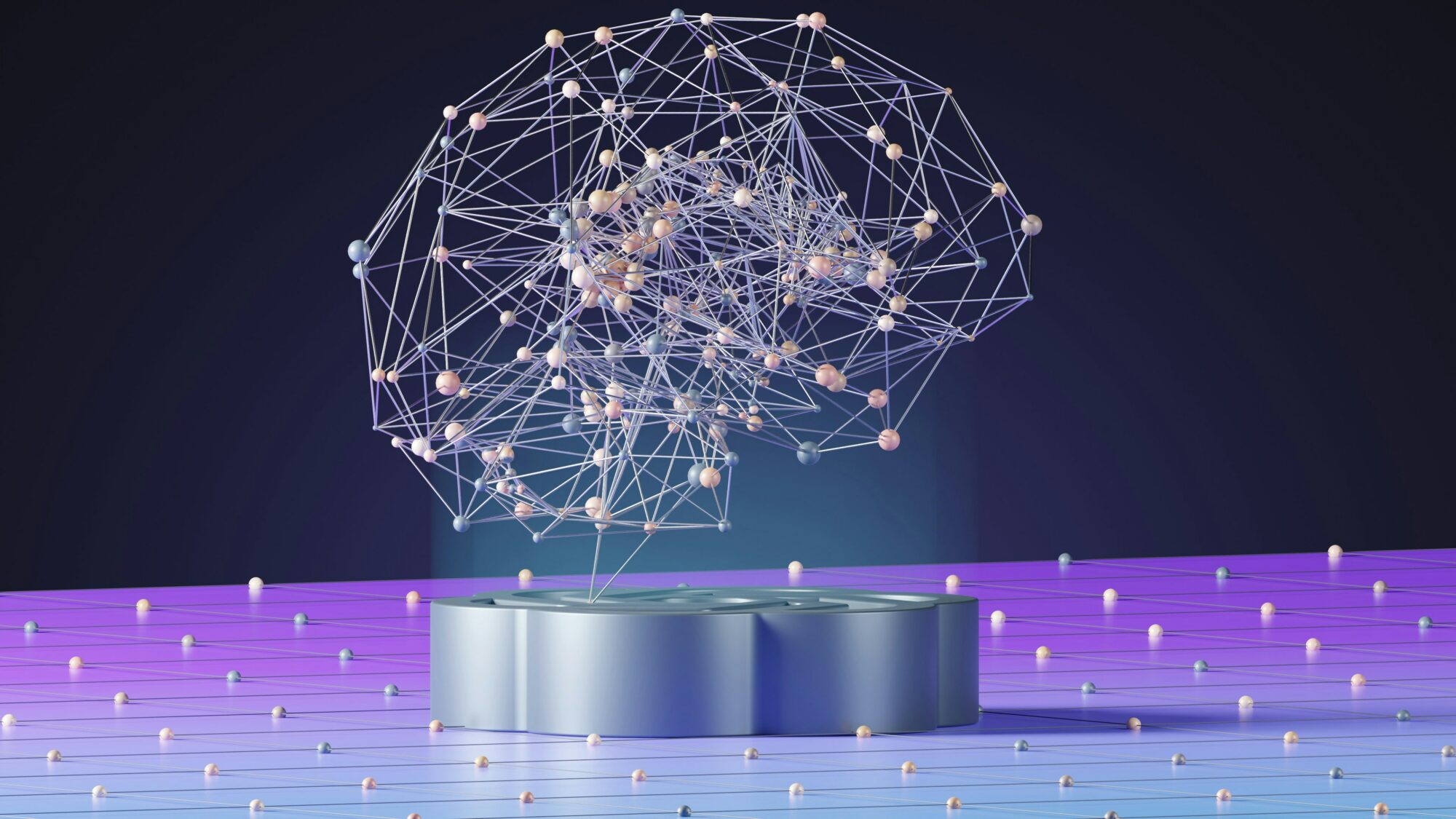 3D render of a digital brain made of connected nodes, representing AI in marketing