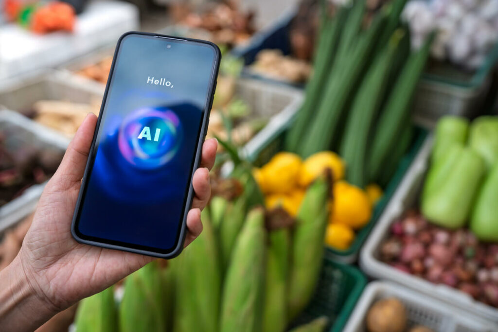 Picture of someone using Ai on their smartphone in a shop
