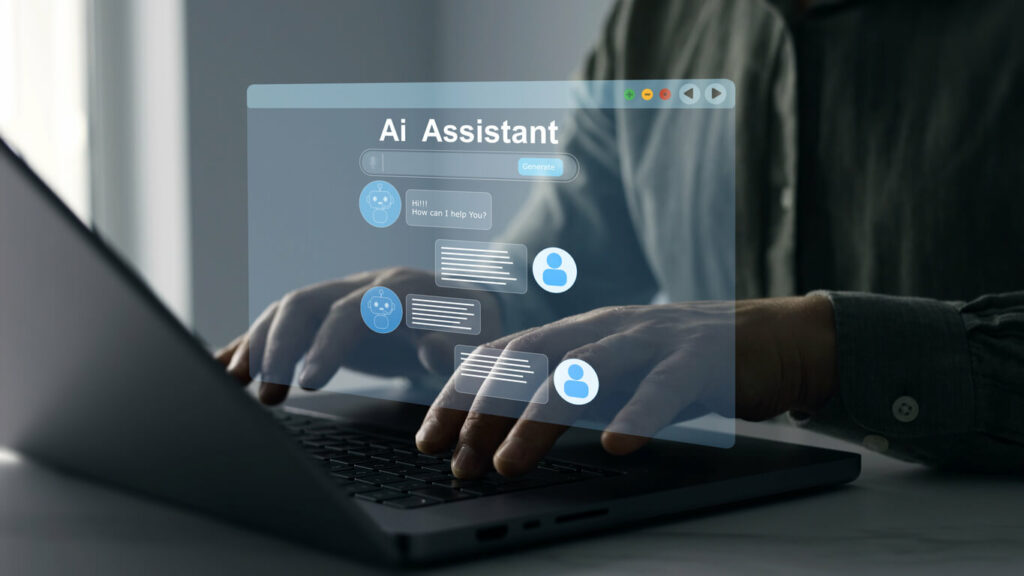 A person typing on their laptop with an Ai assistant box overlayed on the image with an Ai search chat back and forth between the user and Chatbot