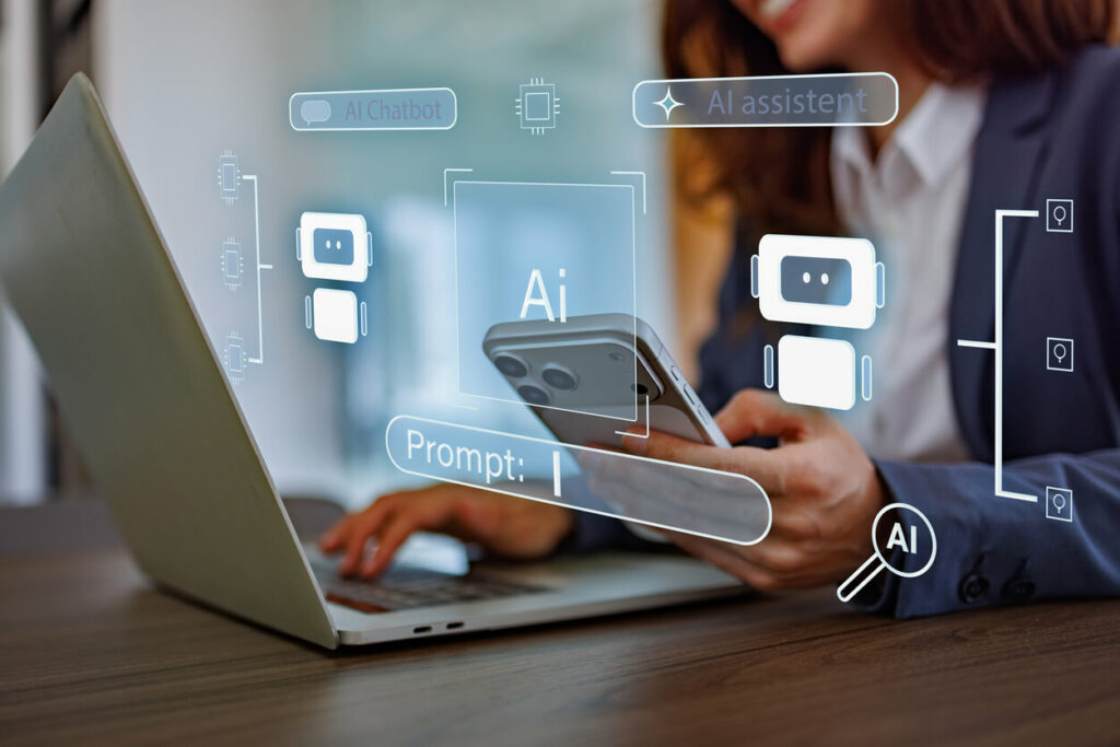 Ai intelligence mockup image with a person using a laptop and smartphone, while an Ai prompt box overlays on the screen.