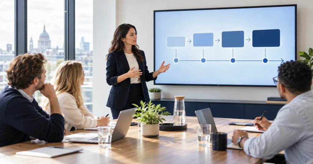 Woman presenting a four-step timeline on a screen to three colleagues around a meeting table