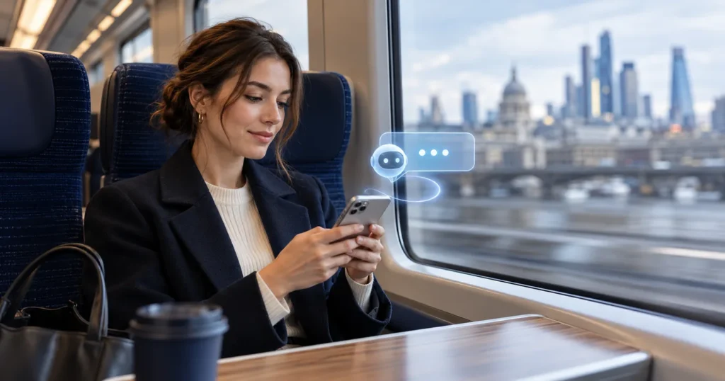 Woman on a train using her phone, with an AI assistant chat bubble beside it and the London skyline outside the window