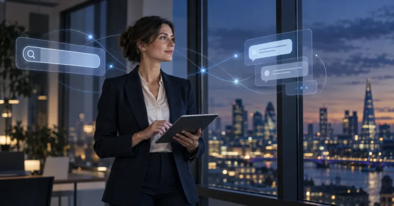 Woman holding a tablet by an office window at dusk, with a search bar on one side linked to AI chat answers on the other, and a city skyline behind