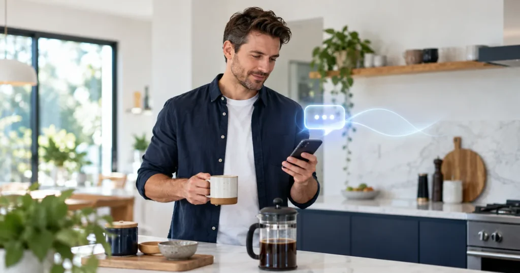 Man in a kitchen holding a coffee mug and a phone, with a chat bubble beside the screen