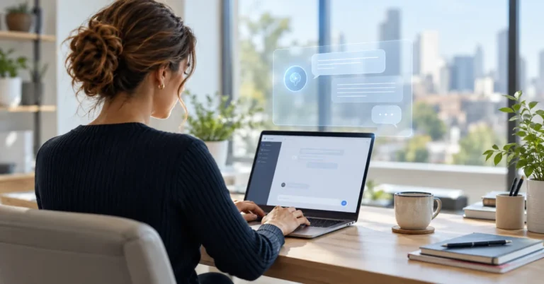 Woman at a desk using a laptop, with an AI chat panel and message bubbles shown above the screen