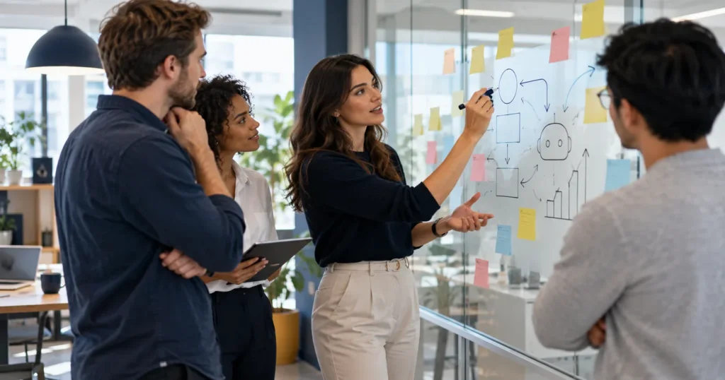 Four colleagues at a glass wall covered in sticky notes, one drawing a diagram with a robot icon