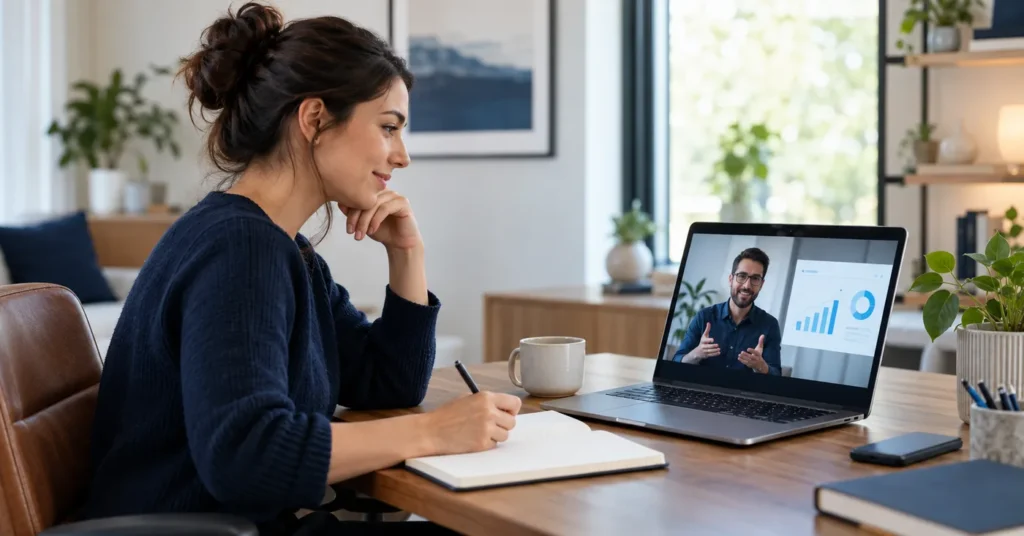 Woman taking notes during a video call while the person on screen presents performance charts
