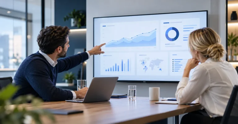 Two colleagues in a meeting room reviewing charts on a large wall screen