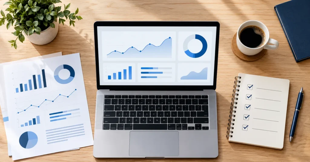 Overhead view of a desk with a laptop dashboard, printed charts, a checklist and a coffee cup